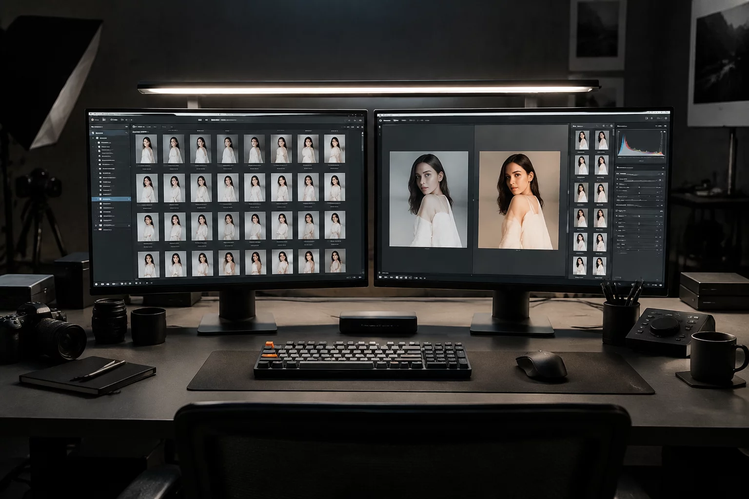 Calibrated dual-display evaluation workstation and physical selection desk