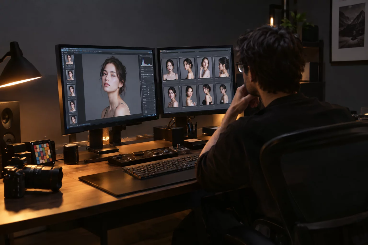 Photographer reviewing raw catalog files during disciplined triage pass